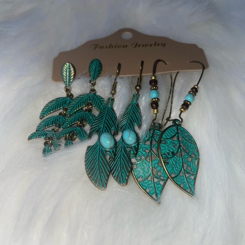 3 pairs Vintage Boho Earrings Set Inlaid Turquoise - Picture 3 of 4
